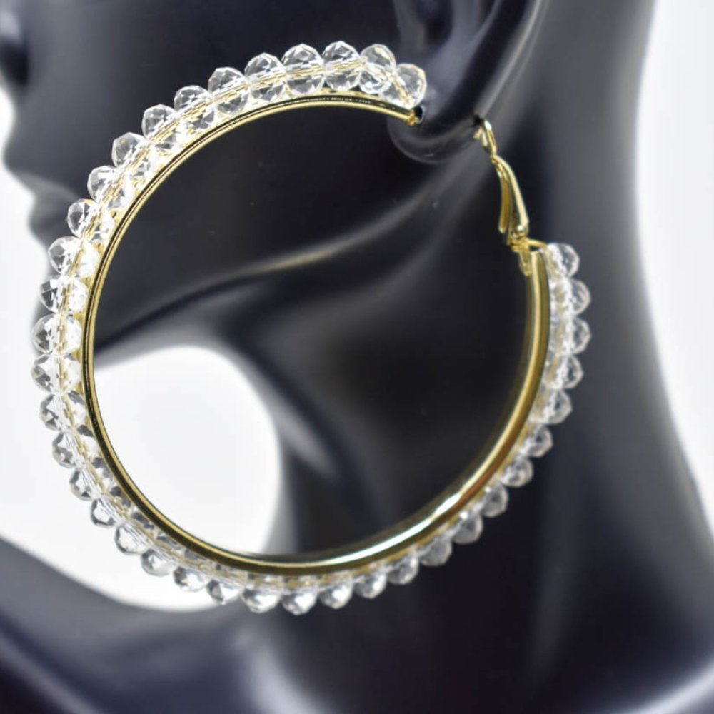 2.75" Clear Crystal Boho Gold Tone Hoop Earrings